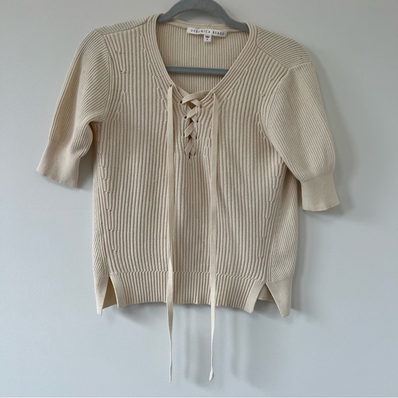 Veronica Beard Marley Cream Lace up Textured Knit Sweater ribbed half sleeve - Picture 3 of 7